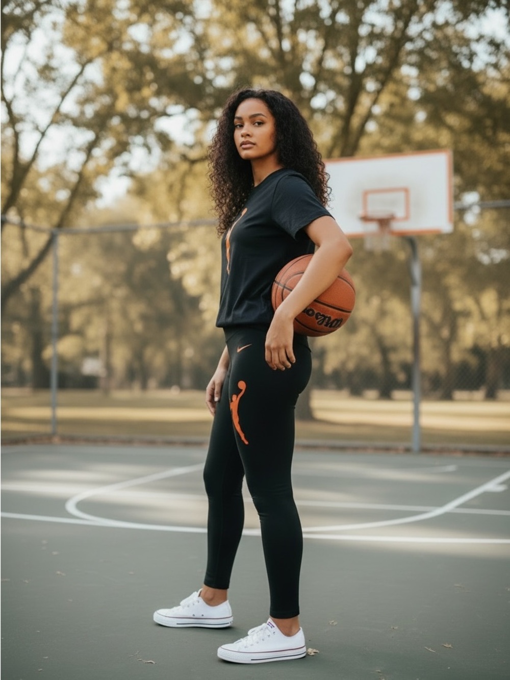 Nike WNBA Black & Orange Logo Dri-FIT T-Shirt & Leggings Set - Size L